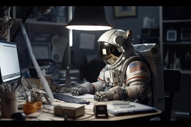 Foto astronauta trabajando en una computadora portátil en el escritorio en el espacio