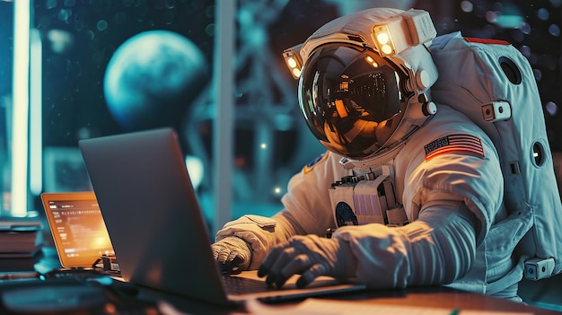 Un astronauta trabajando en una computadora portátil con una galaxia espacial en el fondo