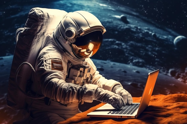 Astronauta trabalhando no laptop no espaço sideral AI