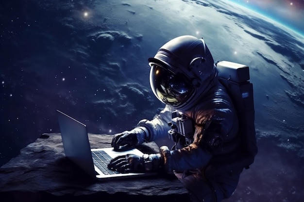 Astronauta trabalhando no laptop no espaço sideral AI
