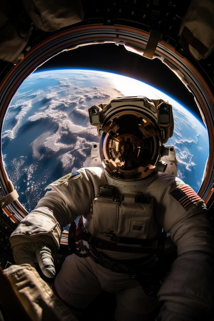 Astronauta en traje dentro de una nave espacial viendo la Tierra desde la órbita