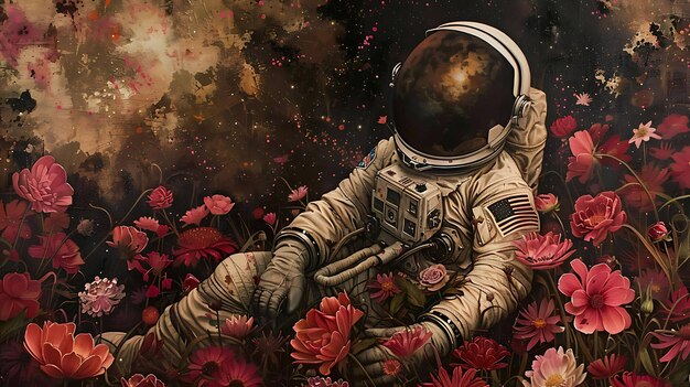 Foto el astronauta en un traje espacial se arrodilla en un campo de flores rojas y rosas el astronauta está mirando una flor