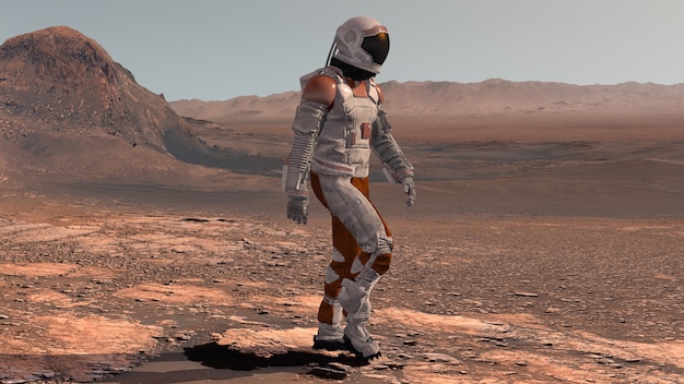 Astronauta con traje espacial caminando sobre la superficie de Marte. Explorando la misión a Marte. Concepto de exploración espacial y colonización futurista. Representación 3D.