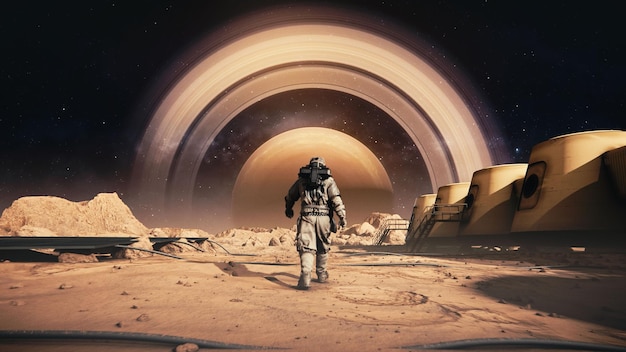 Astronauta en un traje espacial caminando por la superficie de la luna hacia Saturno