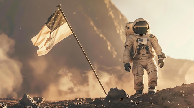 Foto un astronauta en un traje espacial está caminando por la superficie de marte el astronauta está llevando una bandera estadounidense la bandera está ondeando en el viento