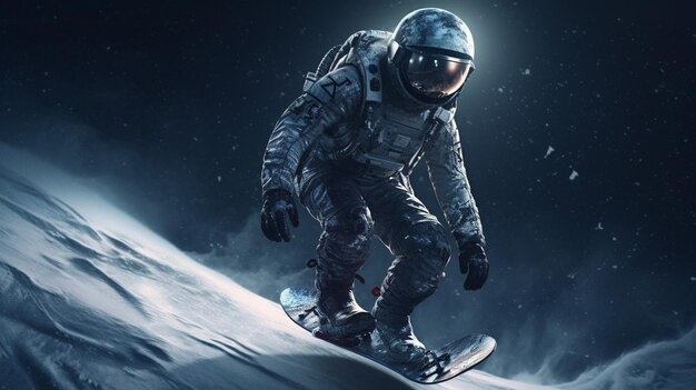 Astronauta en traje espacial y casco en ai generativo de snowboard