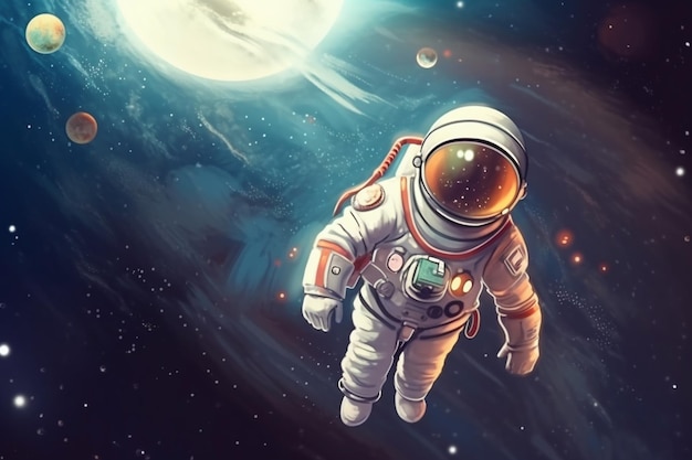 Astronauta en traje espacial y casco sobre fondo oscuro Técnica mixta