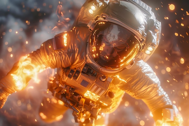 Astronauta en traje espacial contra chispas ardientes telón de fondo arte conceptual de exploración espacial cinematográfica