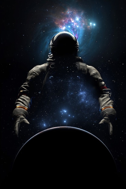 Foto astronauta en traje espacial contra el fondo planeta espacio estrellas y nebulosa. exploración espacial cosmonauta, silueta de astronauta. render 3d