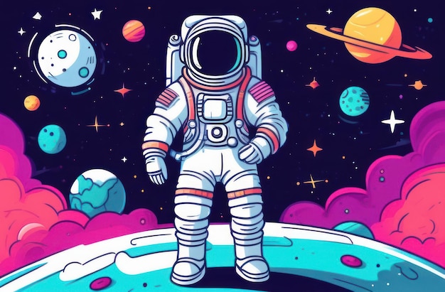 Astronauta en un traje espacial en el espacio exterior de pie en el planeta