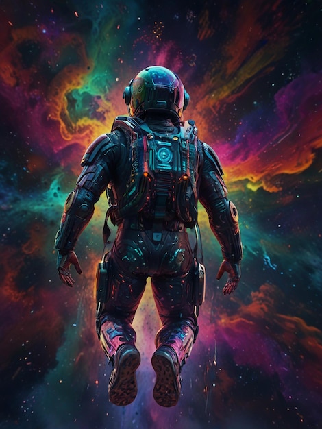 un astronauta en un traje espacial está de pie frente a un fondo colorido