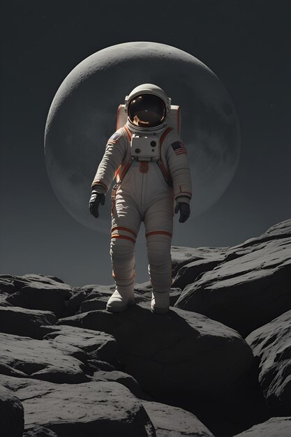 Un astronauta en un traje espacial está de pie en una luna rocosa de color gris oscuro