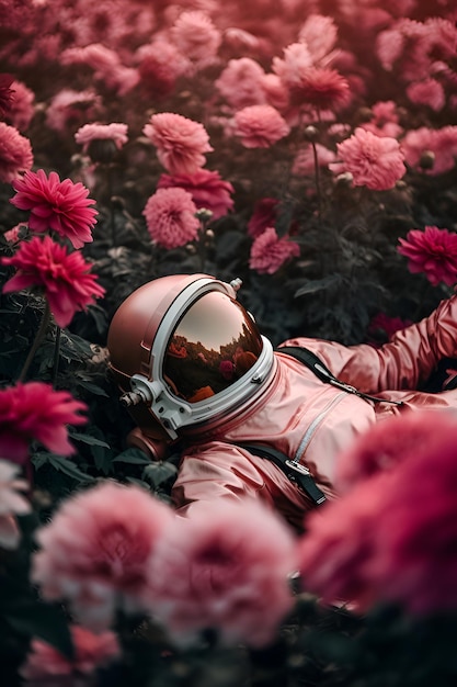 Un astronauta en un traje espacial entre flores de dalia rosa IA generativa 1