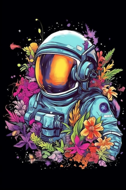 Un astronauta en un traje espacial y flotando en el espacio Astronauta lindo y gracioso y planeta de flores