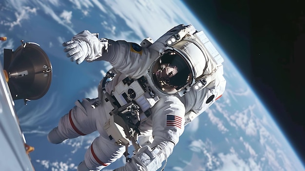 Astronauta en un traje espacial flotando en la inmensidad del espacio con la Tierra en el fondo