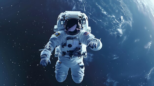 Astronauta en traje espacial flotando en la inmensidad del espacio con la Tierra en el fondo