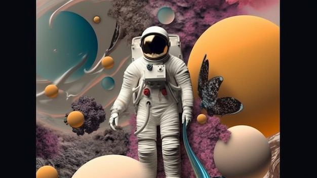 Un astronauta con un traje espacial se para frente a un planeta con una mariposa.
