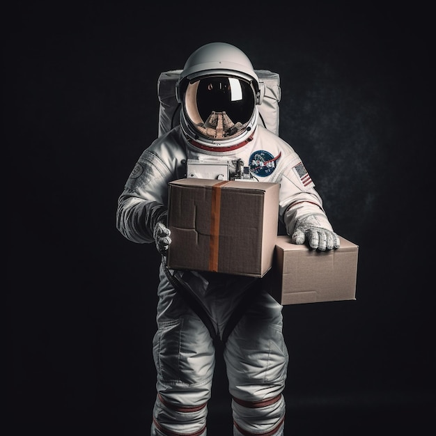 un astronauta en traje espacial llevando una caja que dice misión espacial