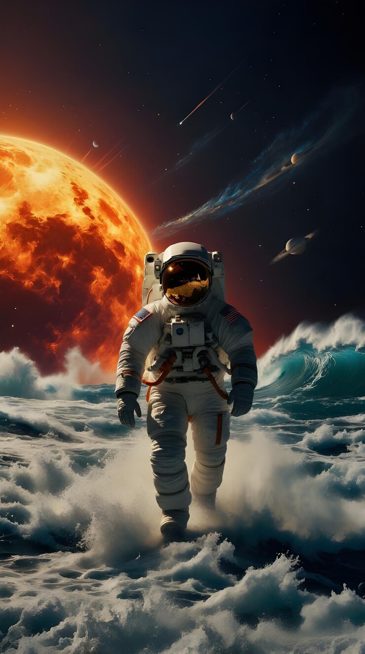 un astronauta en un traje espacial con una luna roja en el fondo