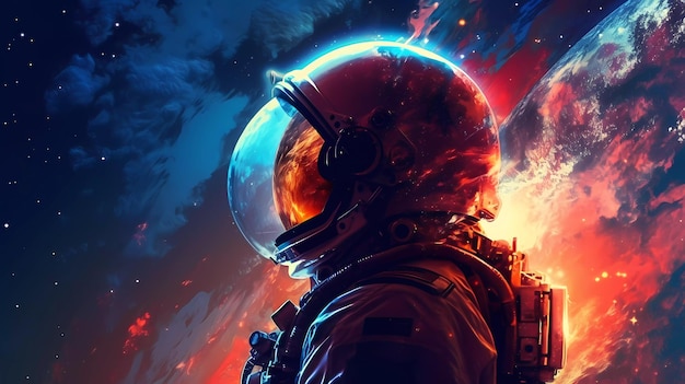 Un astronauta con traje espacial mira la tierra y el cielo se está quemando.
