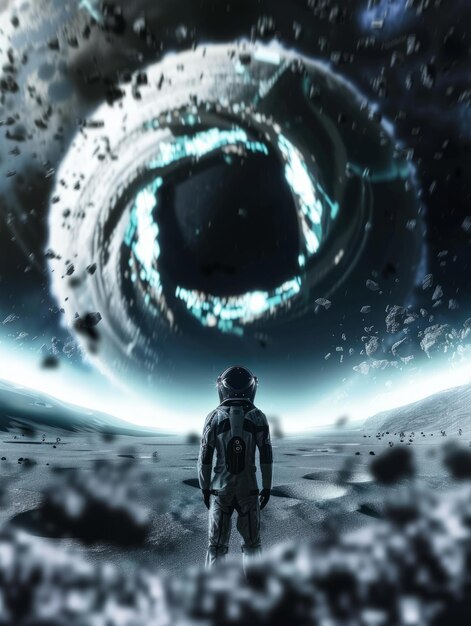 astronauta con un traje espacial negro oscuro mirando fijamente a un planeta gigante en el fondo de la portada de una película de estilo ciencia ficción