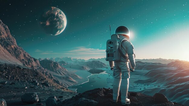 Un astronauta en un traje espacial de pie en la cima de una montaña genial para conceptos científicos y de exploración