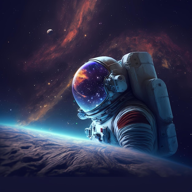 Un astronauta en traje espacial con un planeta al fondo.