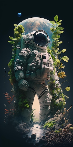 Astronauta en traje espacial con plantas en la parte inferior.