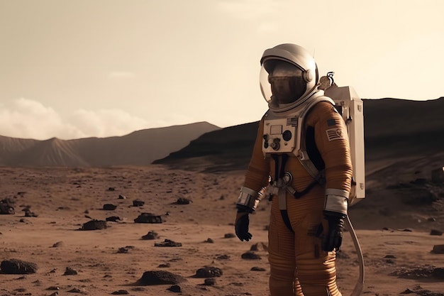 Astronauta en traje espacial en la superficie marciana a la luz del día imagen generada por la red neuronal