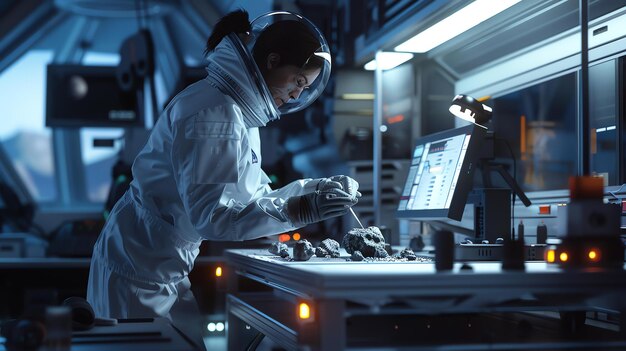 Foto una astronauta en un traje espacial está trabajando en un laboratorio en marte