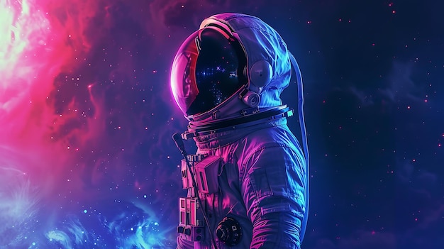 Astronauta en un traje espacial con una visera púrpura y azul contra un fondo de estrellas y una nebulosa rosa y azul