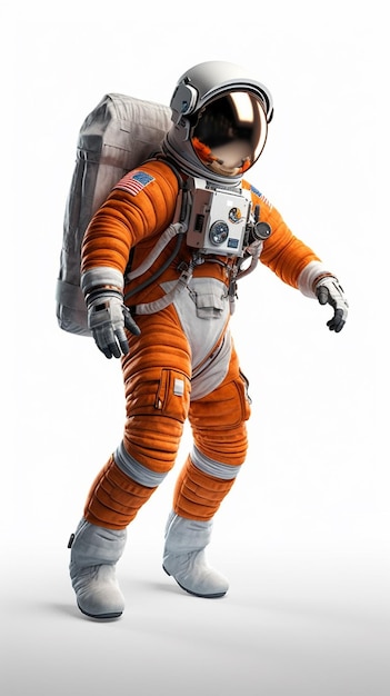 Un astronauta en un traje naranja con la palabra espacio en él.