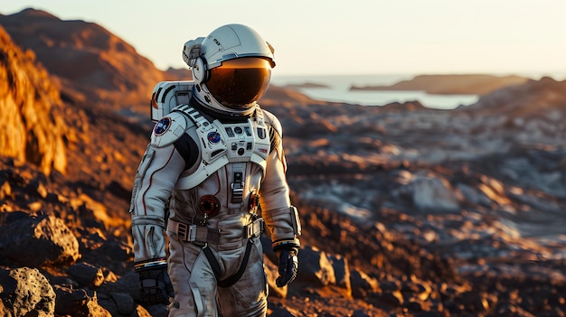 Un astronauta en traje de protección camina en el ambiente peligroso de otros planetas