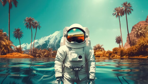 Foto astronauta en los trópicos en el mar en concepto de primavera de color neón