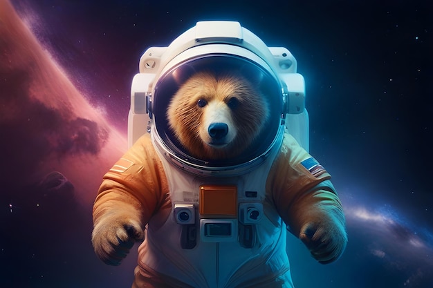 Astronauta urso em um traje espacial com um capacete no espaço exterior contra o fundo da galáxia