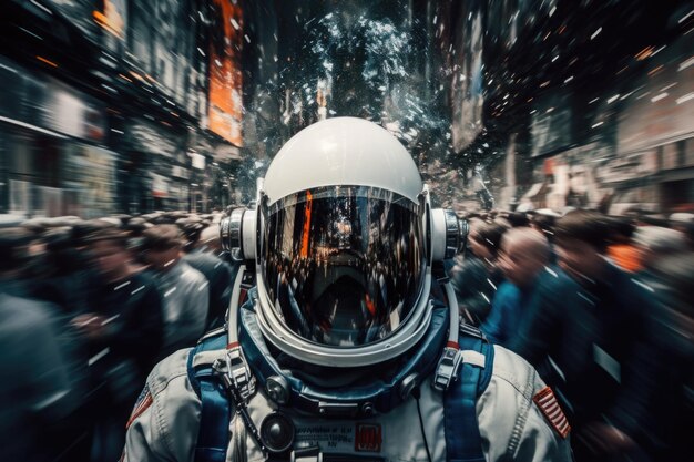 Astronauta vestindo traje espacial em uma rua lotada na hora de ponta Homem espacial solitário entre as pessoas na cidade com efeito de desfocamento de movimento