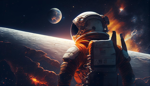 El astronauta viaja en el concepto de planetas y estrellas espaciales.
