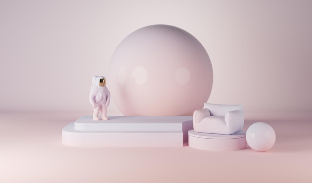 Astronauta con visera dorada y traje espacial blanco con podio fondo rosa pastel 3d render