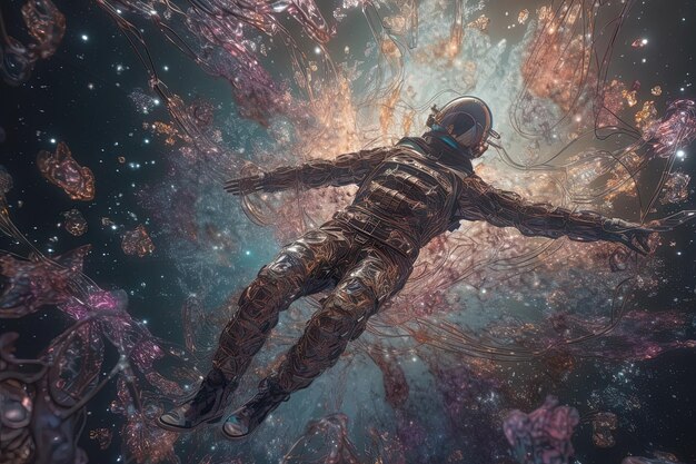 Astronauta volando en el espacio astral en un viaje mágico con chispas y aura surrealistas