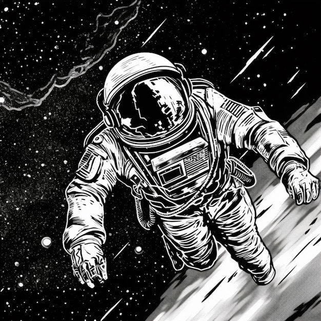 Un astronauta vuela en el espacio con un dibujo en blanco y negro de un cohete.