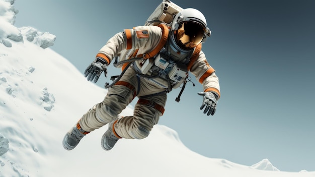 Un astronauta vuela sobre un fondo blanco.