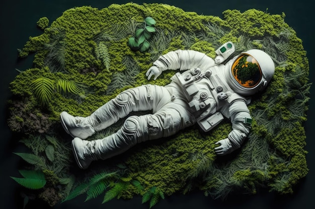 Un astronauta yace en un terreno cubierto de musgo con un fondo verde.