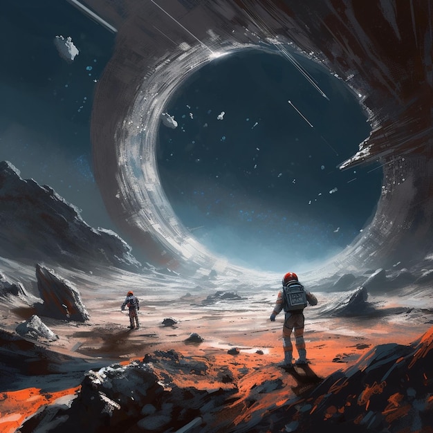 Astronautas en un área estéril con un agujero gigante en el cielo generativo ai