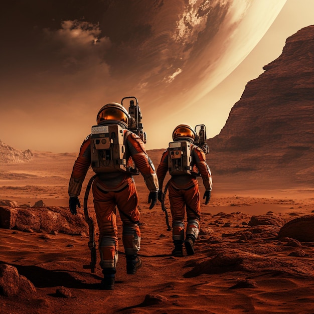 Astronautas caminando planeta Marte ambiente rojizo