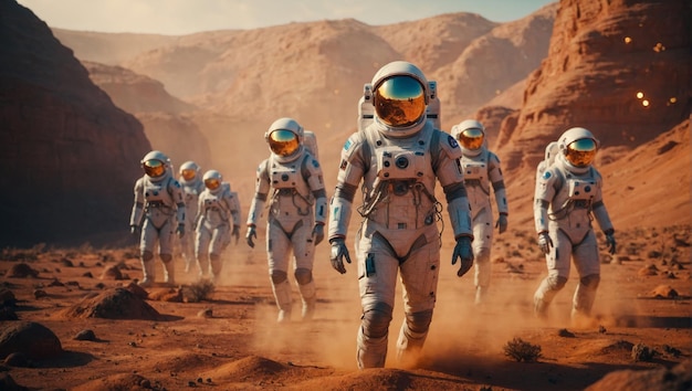 Astronautas caminando por un terreno polvoriento como el de Marte tema de exploración