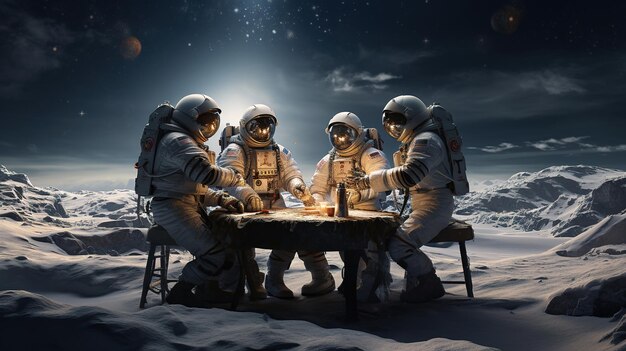 Astronautas cenando y celebrando junto a la mesa en la Luna