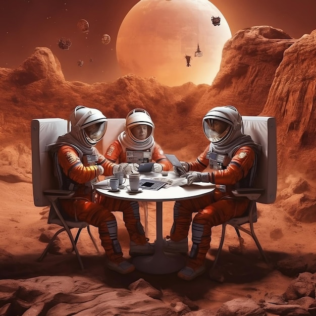 Astronautas colaborando em torno de uma IA de mesa de trabalho cibernética futurista