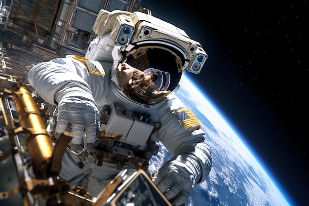 astronautas com capacetes espaciais reparam estações espaciais no espaço sideral