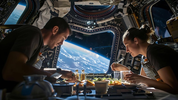 Astronautas comendo na Estação Espacial Internacional