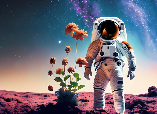 Astronautas cultivando culturas em um planeta alienígena, agricultura futura